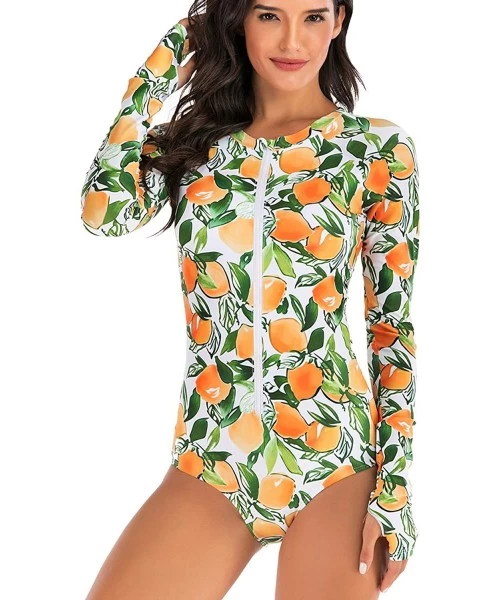 One-Pieces Women's Rashguard Long Sleeve Zip Swimsuit Print Surfing one Piece Swimwear - B1 - CQ189X7CQO9