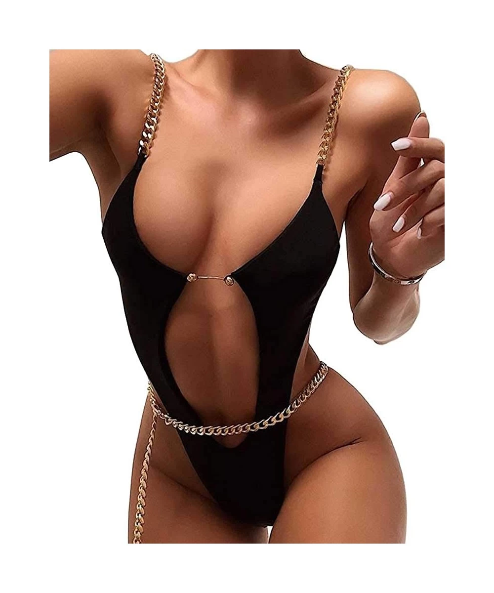 One-Pieces Women One Piece Swimsuit Chain Strap Tie-Waist Monokini Backless Bathing Suit - Black - CA199QK2O0Z