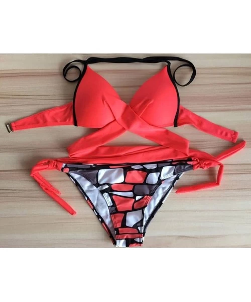 Sets Bikini- Women Print Push Up Solid Bandage Bikini Set Swimwear Swimsuit Beachwear Suit - Watermelon Red - CQ18565WSK6