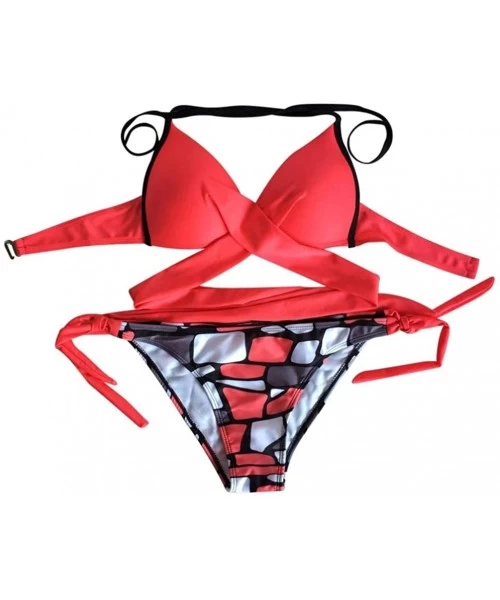 Sets Bikini- Women Print Push Up Solid Bandage Bikini Set Swimwear Swimsuit Beachwear Suit - Watermelon Red - CQ18565WSK6