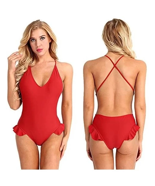 One-Pieces Women's One Piece Swimsuit Cross Back Ruffle Side Monokini Bathing Suit - Red - C818G22CITA