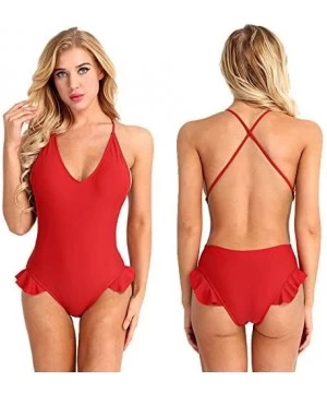 One-Pieces Women's One Piece Swimsuit Cross Back Ruffle Side Monokini Bathing Suit - Red - C818G22CITA