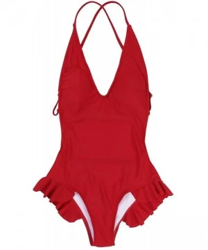 One-Pieces Women's One Piece Swimsuit Cross Back Ruffle Side Monokini Bathing Suit - Red - C818G22CITA