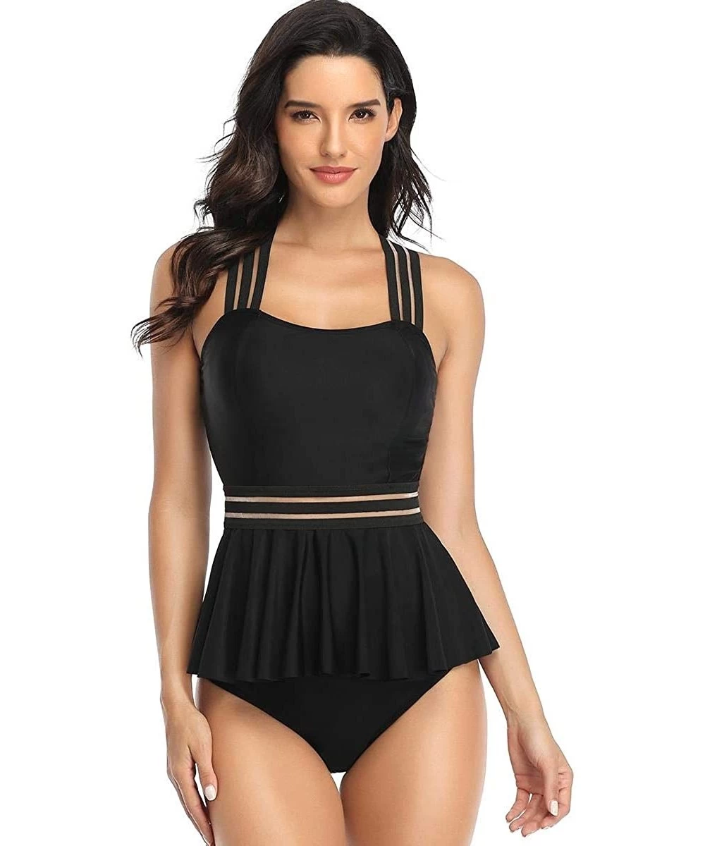 Sets Women's Swimsuit Two Piece Ruffled Tank Top High Waist Bottoms Bathing Suit - Black - C31908SKGRK