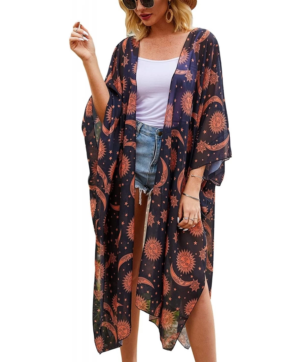 Cover-Ups Women's Sheer Chiffon Floral Kimono Cardigan Long Blouse Loose Tops Outwear - S 84 - C618DLU8DAI