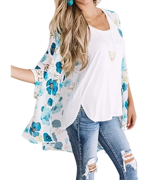 Cover-Ups Women's Summer Floral Print Kimonos Loose Half Sleeve Chiffon Cardigan Blouses Casual Cover Up - Blue - CA1927M75EX