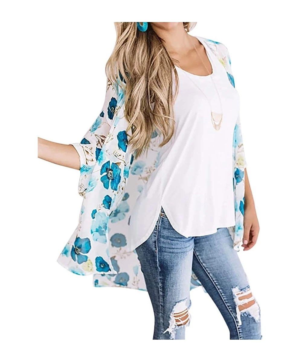 Cover-Ups Women's Summer Floral Print Kimonos Loose Half Sleeve Chiffon Cardigan Blouses Casual Cover Up - Blue - CA1927M75EX