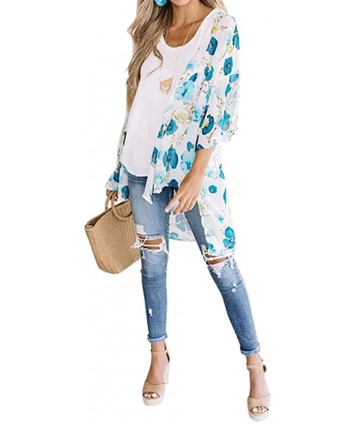 Cover-Ups Women's Summer Floral Print Kimonos Loose Half Sleeve Chiffon Cardigan Blouses Casual Cover Up - Blue - CA1927M75EX