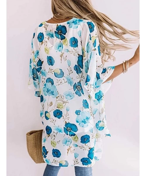 Cover-Ups Women's Summer Floral Print Kimonos Loose Half Sleeve Chiffon Cardigan Blouses Casual Cover Up - Blue - CA1927M75EX