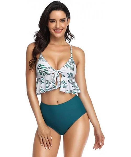 Sets Womens Two Piece Swimsuits Bathing SuitsTop Ruffled Racerback with High Waisted Bikini Set - Green - CT1943H4489