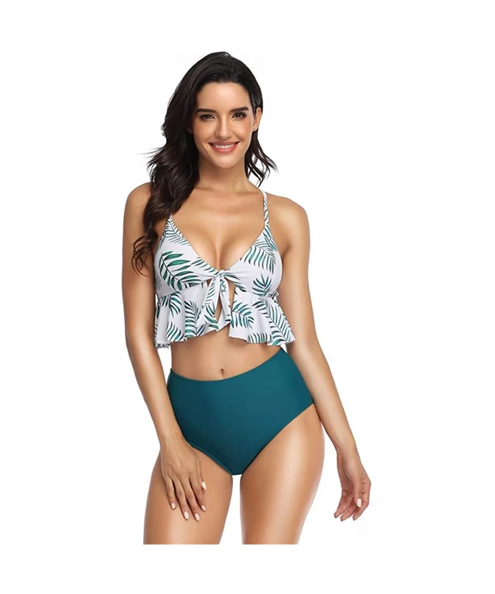 Sets Womens Two Piece Swimsuits Bathing SuitsTop Ruffled Racerback with High Waisted Bikini Set - Green - CT1943H4489