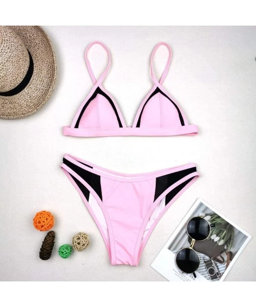 Sets Womens Bikini Swimsuit Hollow-Out Strappy Cross Padded Push-up Swimwear Two Piece Bathing Suit Beachwear - Pink - CL190W...