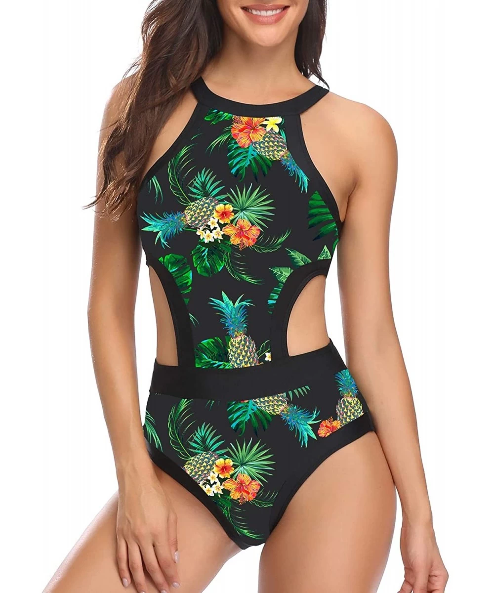 One-Pieces Women One Piece Swimsuit Cutout High Neck Bathing Suit Floral Printed Bathing Suits - Black Floral - CH18XL743AN