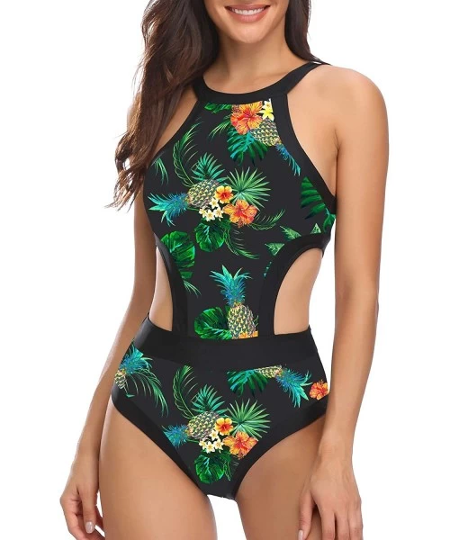 One-Pieces Women One Piece Swimsuit Cutout High Neck Bathing Suit Floral Printed Bathing Suits - Black Floral - CH18XL743AN