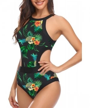 One-Pieces Women One Piece Swimsuit Cutout High Neck Bathing Suit Floral Printed Bathing Suits - Black Floral - CH18XL743AN