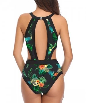 One-Pieces Women One Piece Swimsuit Cutout High Neck Bathing Suit Floral Printed Bathing Suits - Black Floral - CH18XL743AN