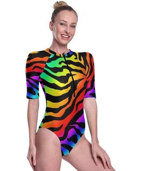 Rash Guards Womens Zip Front Rash Guard Swimwear Printed Half Sleeve One Piece Swimsuit - Color10 - CE190MOR2MA