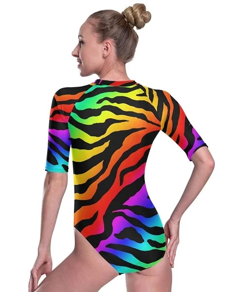 Rash Guards Womens Zip Front Rash Guard Swimwear Printed Half Sleeve One Piece Swimsuit - Color10 - CE190MOR2MA