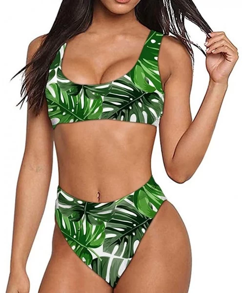 Sets Sport Style Swimsuit Low Scoop Crop Top Tankini 2piece Sets Women Beach Bathing Suit Plus Size - Palm Leaf-3 - C518QQS49NK