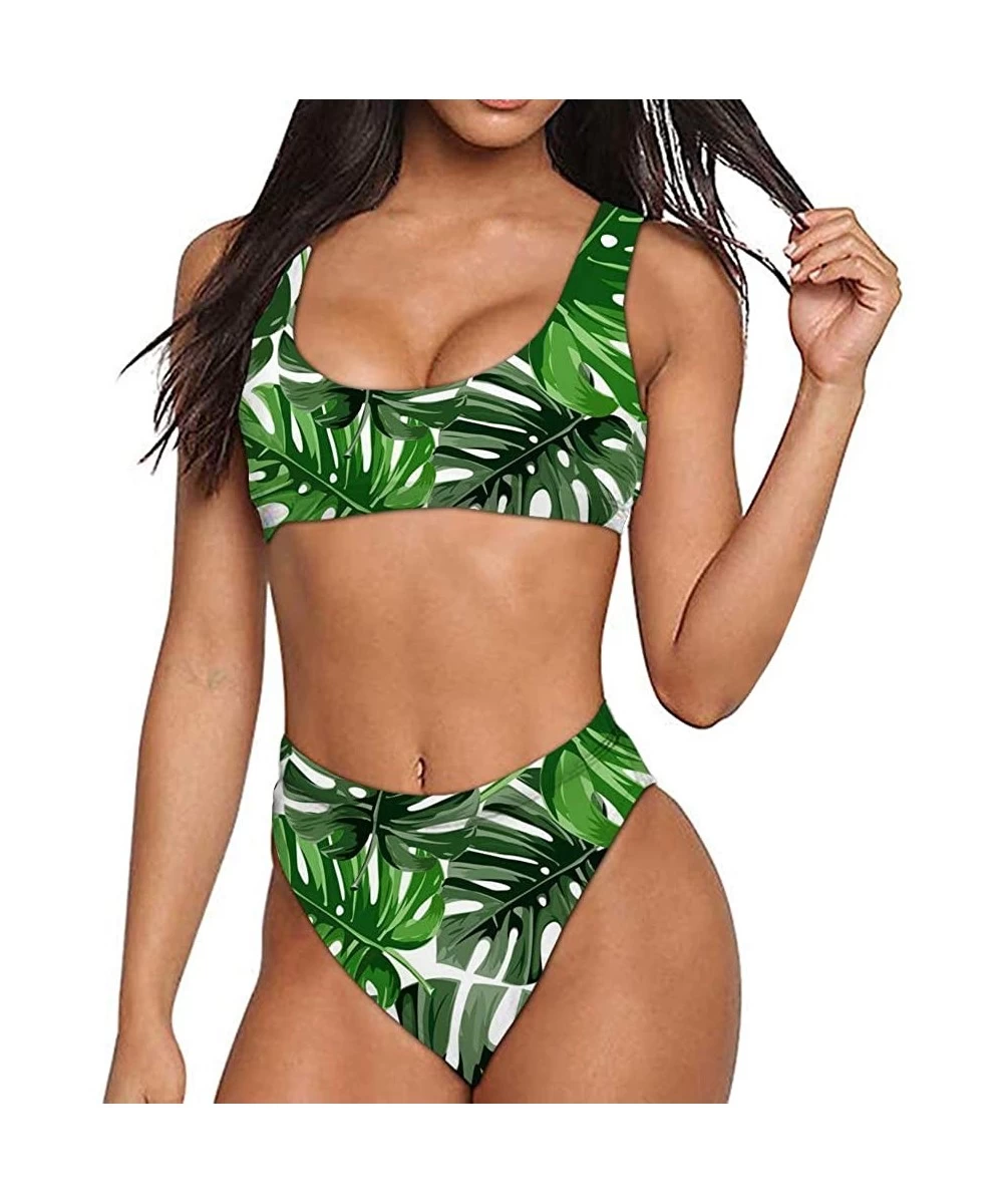 Sets Sport Style Swimsuit Low Scoop Crop Top Tankini 2piece Sets Women Beach Bathing Suit Plus Size - Palm Leaf-3 - C518QQS49NK