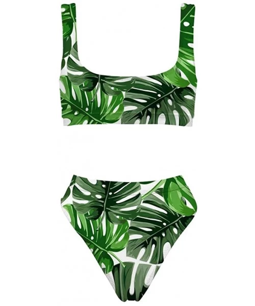 Sets Sport Style Swimsuit Low Scoop Crop Top Tankini 2piece Sets Women Beach Bathing Suit Plus Size - Palm Leaf-3 - C518QQS49NK