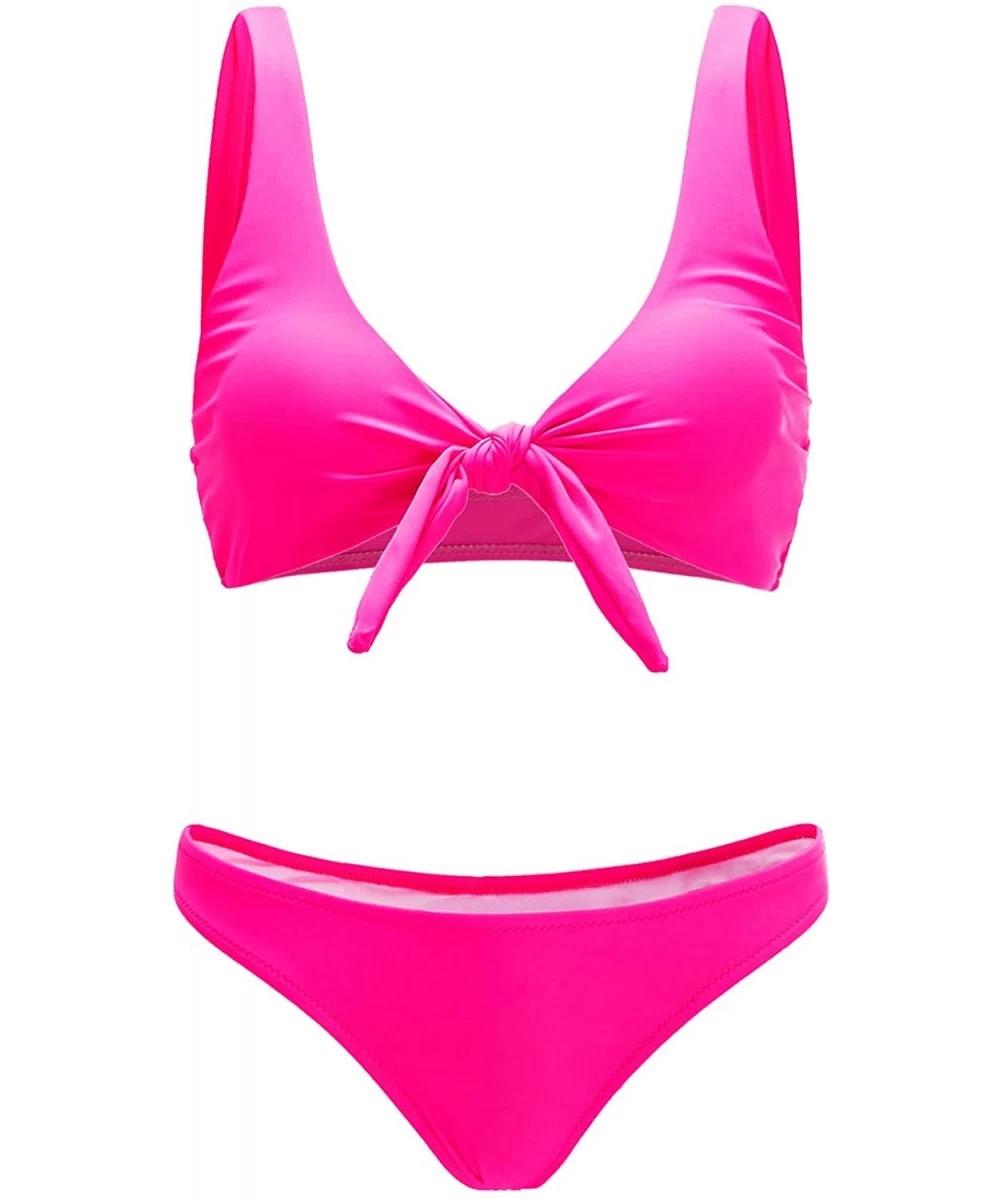 Sets Women's Sexy Bikini Swimsuit Plaid Print Tie Knot Front Thong Bottom Swimwear Set - 0hot Pink - CG1960EM573