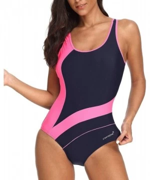 Racing Women Athletic One Piece Swimsuits Racerback Swimwear Bathing Suit - Navy/Pink - C718MDE5I5E