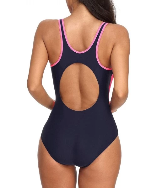 Racing Women Athletic One Piece Swimsuits Racerback Swimwear Bathing Suit - Navy/Pink - C718MDE5I5E