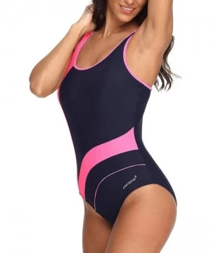 Racing Women Athletic One Piece Swimsuits Racerback Swimwear Bathing Suit - Navy/Pink - C718MDE5I5E