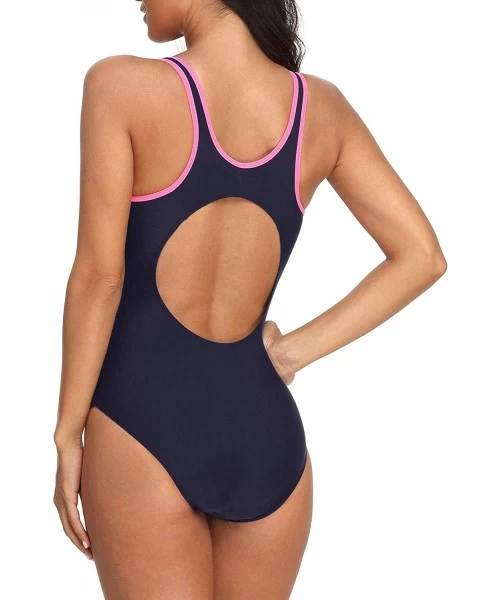 Racing Women Athletic One Piece Swimsuits Racerback Swimwear Bathing Suit - Navy/Pink - C718MDE5I5E